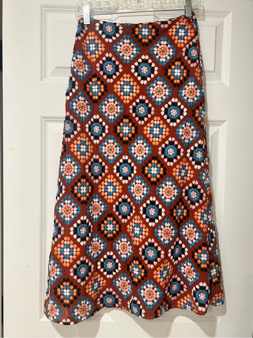 Anthropologie Rust & Boho Tile Embroidered Granny Square Midi Skirt - Picture 3 of 11